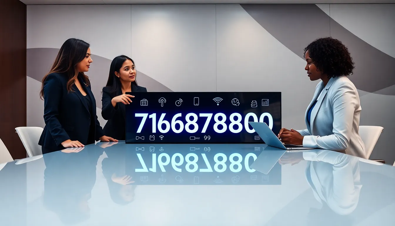 professionals discussing the significance of the number 7168738800 in an office.